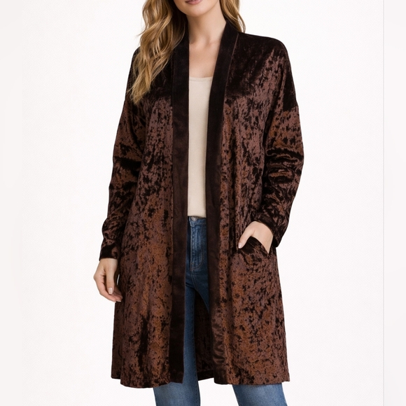 Llove Other - Llove Dark Brown Crushed Velour Open Front Kimono Size Medium